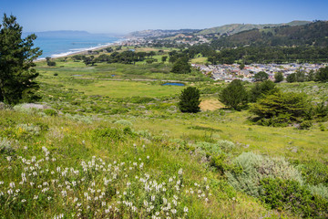 Pacifica coastline and Sharp Park Golf Course as seen from the top of Mori Point, California
