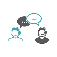 Vector illustration of the man, woman and signs of the message. Set of vector symbols. Real or virtual communication of the man and woman. Flat design Monochrome