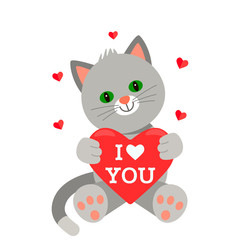 Fototapeta premium Funny character kitten holds in his paws a card with a place for your text. The concept of Valentine's Day, wedding, Valentine's Day.