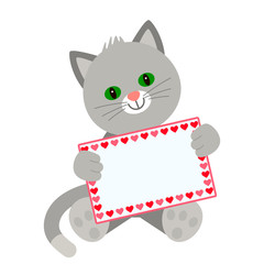 Funny character kitten holds in his paws a card with a place for your text. The concept of Valentine's Day, wedding, Valentine's Day.