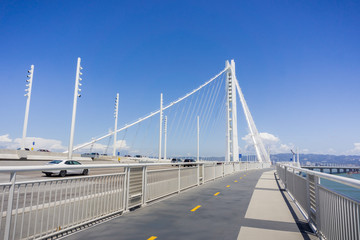 Walking on the new bay bridge trail going from Oakland to Yerba Buena Island, San Francisco bay, California