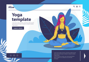 Vector illustration of a girl sitting in a Lotus position, doing yoga, fitness.landing page design template