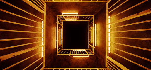Futuristic Neon Tube Glowing Sci Fi Modern Alien Metal Rectangle Shaped Structure Empty Tunnel Corridor Vibrant Colors Orange Background 3D Rendering