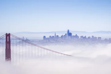 Foto op Aluminium Golden Gate and the San Francisco bay covered by fog, the financial district skyline in the background, as seen from the Marin Headlands State Park, California © Sundry Photography