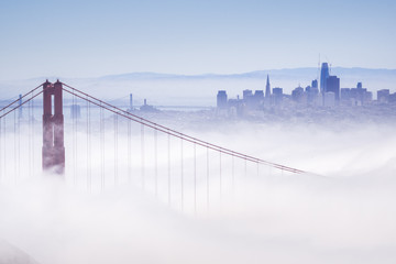 Golden Gate and the San Francisco bay covered by fog, the financial district skyline in the background, the Salesforce tower almost finished, as seen from the Marin Headlands State Park, California