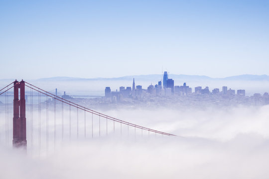 Golden Gate and the San Francisco bay covered by fog, the financial district skyline in the background, as seen from the Marin Headlands State Park, California