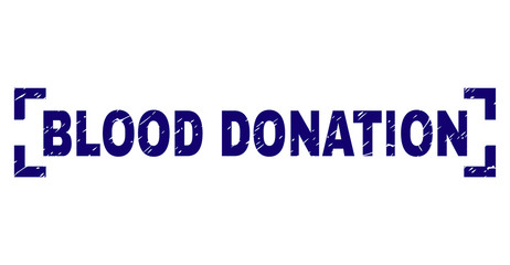 BLOOD DONATION tag seal print with grunge texture. Text tag is placed between corners. Blue vector rubber print of BLOOD DONATION with scratched texture.
