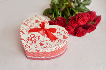 Valentine's day gift box and red roses. St. Valentines Day concept. February 14 greeting card template. Happy valentine's day. 