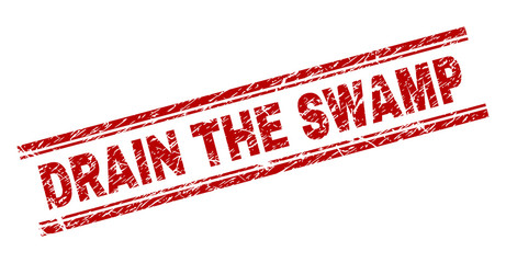 DRAIN THE SWAMP seal print with corroded texture. Red vector rubber print of DRAIN THE SWAMP caption with corroded texture. Text caption is placed between double parallel lines.