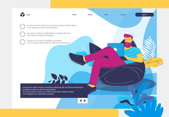vector image of a bearded man sitting on a poof, with a computer on his feet.The main landing page of the website