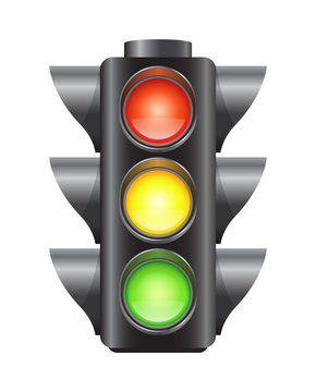 Realistic traffic lights for cars and pedestrians, red, yellow and green signal, vector illustration isolated on white background
