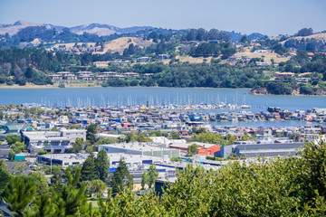 Fototapeta na wymiar Aerial view of the bay and marina from the hills of Sausalito, San Francisco bay area, California