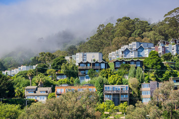 Obraz premium Houses on the hills of Sausalito, north San Francisco bay, California