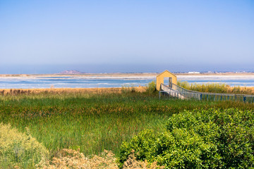 Walkway through the marsh at Alviso Marina County Park, San Jose, California