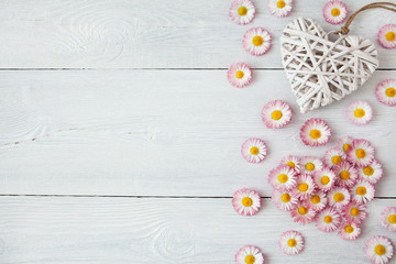 Daisies, petals and hearts on a wooden light background