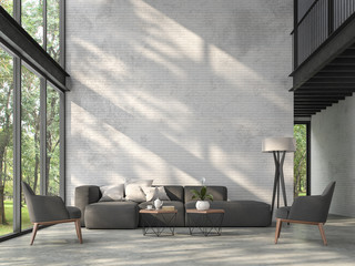 High ceiling loft living room 3d render.There are white brick wall,polished concrete floor and black steel structure,There are large windows look out to see the nature,sunlight shining into the room.
