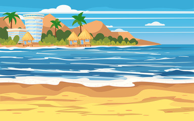 Fototapeta na wymiar Vacation, travel, relax, tropical beach, island, building hotels, bungalow, seascape, ocean, template, banner, for advertising, vector, illustration, isolated, cartoon style