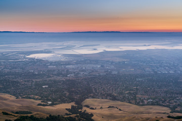 Aerial view of south San Francisco bay after sunset as seen from Mission Peak, California