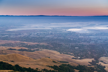 Aerial view of south San Francisco bay after sunset as seen from Mission Peak, California