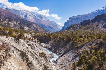 Marsyandi river. Himalayan mountains. Annapurna circuit trek