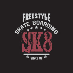 Quote typographical background about skateboard in minimalistic style with grunge vintage fonts. Template for card poster banner print for t-shirt.