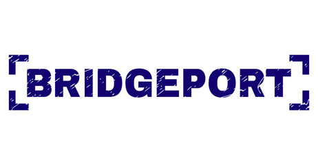 BRIDGEPORT text seal imprint with corroded texture. Text label is placed inside corners. Blue vector rubber print of BRIDGEPORT with scratched texture.