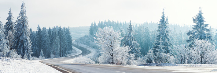 Winter landscape, Winter Forest,  Winter road and trees covered with snow, Germany - Powered by Adobe