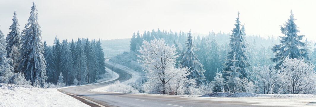 Winter landscape, Winter Forest,  Winter road and trees covered with snow, Germany
