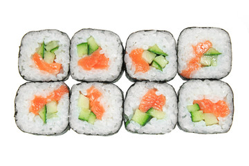 Sushi rolls with salmon and cucumber. Isolated on white background.