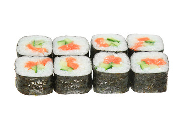 Sushi roll with salmon and cucumber. Isolated on white background.