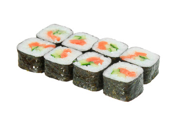 Sushi roll with salmon and cucumber. Isolated on white background.