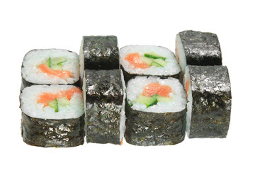 Sushi rolls with salmon and cucumber. Isolated on white background.