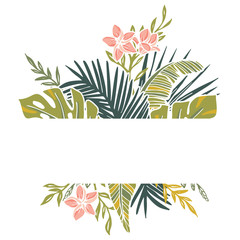 Retro Tropical Isolated Foliage and Frangipani Flowers Vector Frame. Graphic Element.