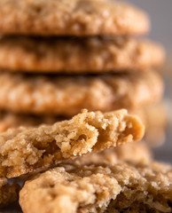 Front view of oatmeal, freshly home made cookies
