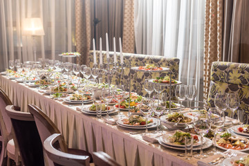 Serving dishes in the restaurant. luxury dinner served on the table