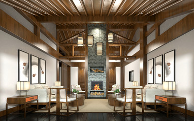 3d render of chinese style hotel reception