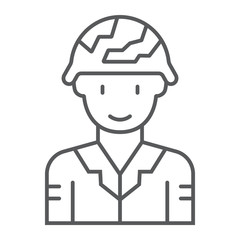 Soldier thin line icon, military and army, warrior sign, vector graphics, a linear pattern on a white background.