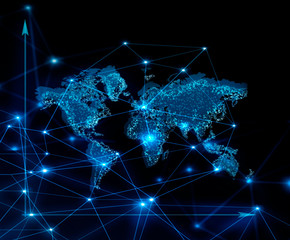 World map on a technological background, glowing lines symbols of the Internet, radio, television, mobile and satellite communications.