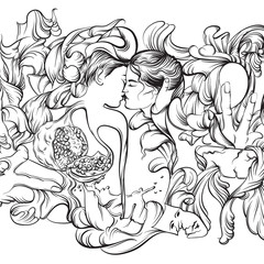 Vector surreal illustration with kissing lovers, hands, garnet and floral forms. Artwork in realistic line hand drawn style. Template for card, poster, banner and print for t-shirt
