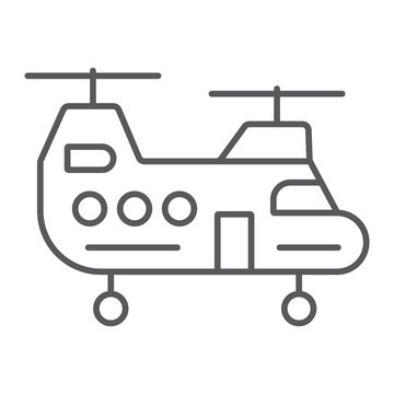 Military helicopter thin line icon, military and vehicle, chopper sign, vector graphics, a linear pattern on a white background.