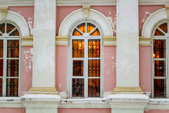 Kozelsk, Russia - January 2019: Optina Pustin Monastery in Kaluzhskiy Region, Russia. Orthodox church windows
