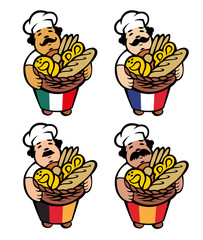 Cartoon baker takes basket with bread and buns, vector illustration. Flags of Italy, France, Germany and Spain.