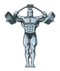 Muscle bodybuilder man lifting heavy barbell with knot. Vector illustration.
