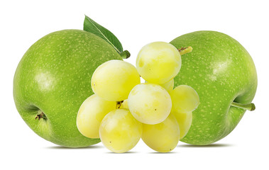 Fresh grapes and green apples isolated on white background with clipping pass