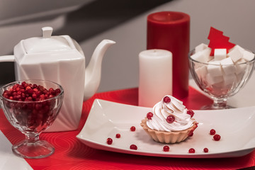 breakfast table, white crockery, red berries, romantic breakfast, a small cream cake