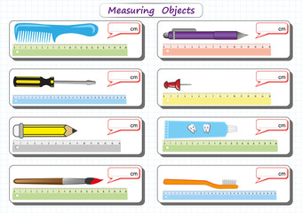 Fototapeta na wymiar Measuring Length of the Objects with Ruler, worksheet for children, practice sheets, mathematics activities