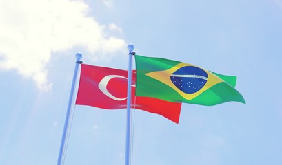 Turkey and Brazil, two flags waving against blue sky. 3d image