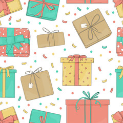 Seamless pattern with gift boxes. Colorful vector illustration in sketch style. Boxes tied with ribbons on a white background. Wrapping paper, Wallpaper, textiles.