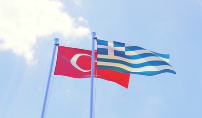 Turkey and Greece, two flags waving against blue sky. 3d image