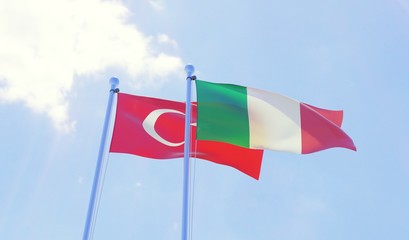 Turkey and Italy, two flags waving against blue sky. 3d image